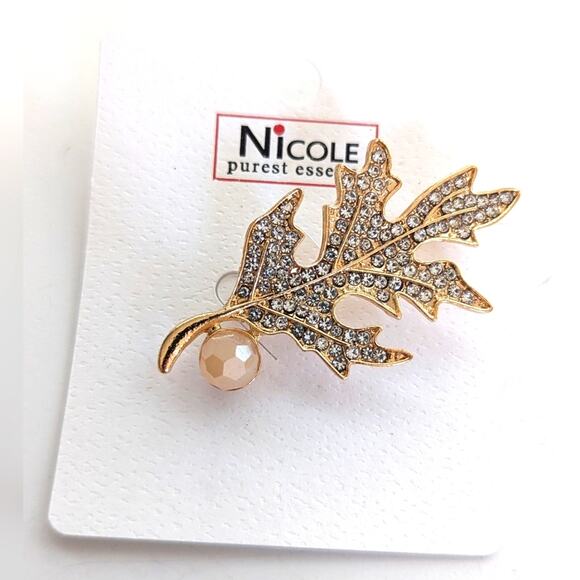 Nicole Purest Essence Gold Tone Pave Rhinestone Stunning Oak Leaf Brooch NWT - Picture 1 of 4